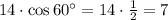 14\cdot\cos60^{\circ} =14\cdot \frac{1}{2}=7