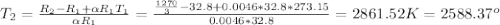 T_2= \frac{R_2-R_1+ \alpha R_1T_1}{ \alpha R_1} = \frac{ \frac{1270}{3}-32.8+0.0046*32.8*273.15 }{0.0046*32.8}=2861.52 K=2588.37^o