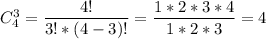 C_4^3=\dfrac{4!}{3!*(4-3)!}=\dfrac{1*2*3*4}{1*2*3}=4