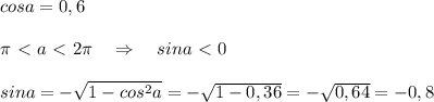 cosa=0,6\\\\\pi \ \textless \ a\ \textless \ 2\pi \quad \Rightarrow \quad sina\ \textless \ 0\\\\sina=-\sqrt{1-cos^2a}=-\sqrt{1-0,36}=-\sqrt{0,64}=-0,8