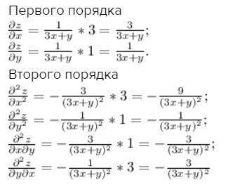 Z= ln(3x+y) найти производные первого и второго порядка.