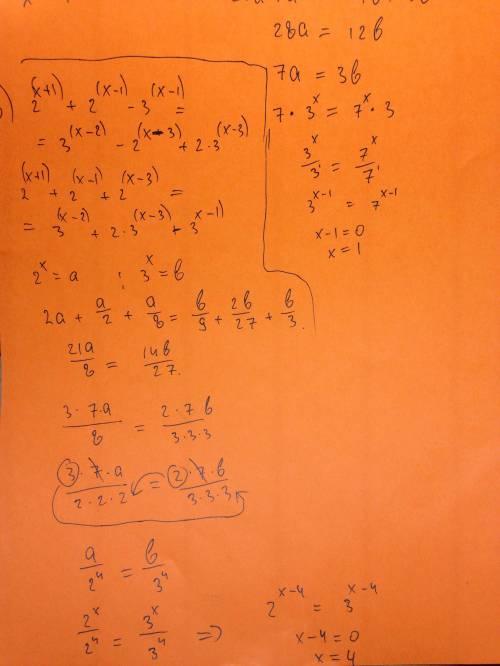 Решить уравнение 1) 27^x = 1/3 2) 400^x = 1/20 3) (1/5)^x = 25 4) (1/3)^x =1/81 5) 3^(x+3)+3^x = 7^(