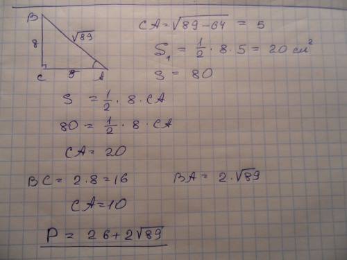 Площадь прямоугольного треугольника равна 80, синус одного из острых углов равен 8/корень89. найти п