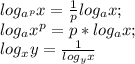 log_{a^p}x=\frac{1}{p}log_ax;\\log_ax^p=p*log_ax;\\log_xy=\frac{1}{log_yx}