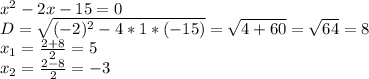 x^2-2x-15=0\\D=\sqrt{(-2)^2-4*1*(-15)}=\sqrt{4+60}=\sqrt{64}=8\\x_1=\frac{2+8}{2}=5\\x_2=\frac{2-8}{2}=-3