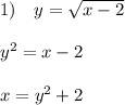 1)\quad y=\sqrt{x-2}\\\\y^2=x-2\\\\x=y^2+2