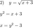 2)\quad y=\sqrt{x+3}\\\\y^2=x+3\\\\x=y^2-3