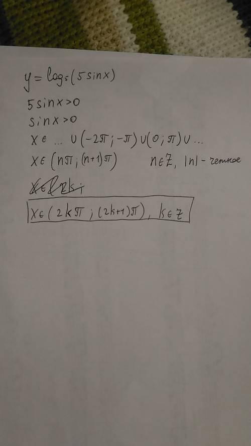 Найдите область определения y=log5(5sinx)