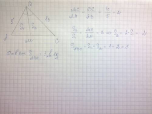 Втреугольнике авс дано : ав=5 ; вс = 10 ; вк – биссектриса. s_abk=1. найти площадь треугольника без