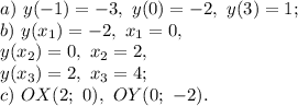 a)\ y(-1)=-3,\ y(0)=-2,\ y(3)=1; \\ b)\ y(x_1)=-2,\ x_1=0,\\y(x_2)=0,\ x_2=2,\\y(x_3)=2,\ x_3=4;\\c)\ OX (2;\ 0),\ OY(0;\ -2).