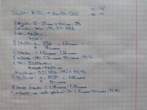 Сколько граммов гидроксида натрия нужно добавить к 285 мл 40% - ного раствора серной кислоты (p=1,40