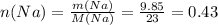 n(Na)=\frac{m(Na)}{M(Na)}=\frac{9.85}{23}=0.43