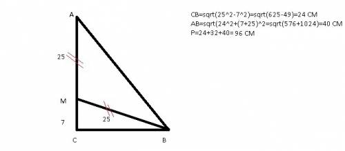 Точка, що належить катету прямокутного трикутника, віддалена від кінців гіпотенузи на 25 см. відстан