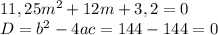 11,25m^2+12m+3,2=0 \\ D=b^2-4ac=144-144=0