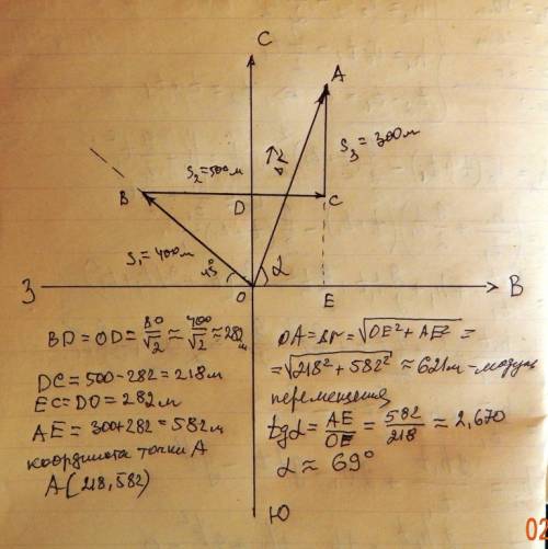 Туристы сначала 400 м на северо-запад, затем 500 м на восток и еще 300 м на север. найти построением