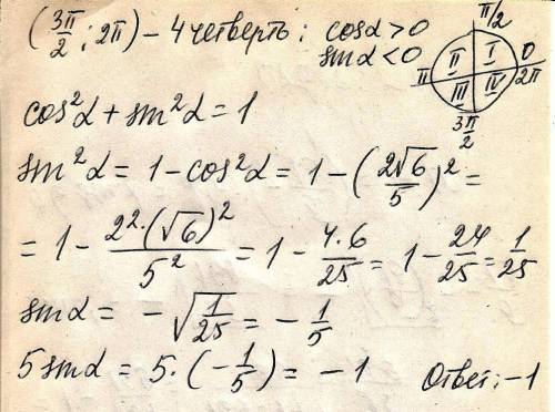 Найдите 5sin альфа если cos альфа =2√6/5 и альфа принадлежит (3п/2 2п)