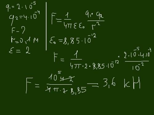 Величина одного заряда 2*10 в -5 кл, другого 4*10 в -4 кл. определите силу взаимодействия между ними