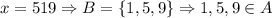 x=519 \Rightarrow B=\{1,5,9\} \Rightarrow 1,5,9 \in A