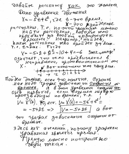 Дано уравнение движения тела: x = -5t + t^2. постройте график скорости движения тела