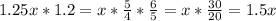 1.25x*1.2 = x*\frac{5}{4}*\frac{6}{5}= x*\frac{30}{20} = 1.5x