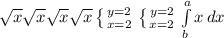 \sqrt{x} \sqrt{x} \sqrt{x} \sqrt{x} \left \{ {{y=2} \atop {x=2}} \right. \left \{ {{y=2} \atop {x=2}} \right. \int\limits^a_b {x} \, dx