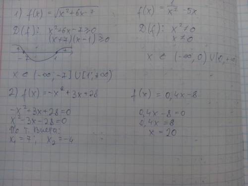 Дуже треба ! знайти область визначення функції: f(x) = √x²+6x-7 f(x) = 1/x²-5x знайти нулі функції: