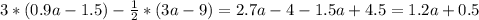 3*(0.9a-1.5)- \frac{1}{2}*(3a-9)=2.7a-4- 1.5a+4.5=1.2a+0.5