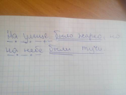 Сделать синтаксический разбор предложения: на улице было жарко,но на небе были тучи.заранее )