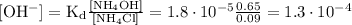 \mathrm{[OH^{-}]=K_{d}\frac{[NH_{4}OH]}{[NH_{4}Cl]}=1.8\cdot 10^{-5}\frac{0.65}{0.09}=1.3\cdot 10^{-4}}