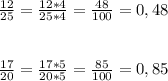 \frac{12}{25} = \frac{12*4}{25*4} = \frac{48}{100} =0,48 \\ \\ \\ \frac{17}{20} =\frac{17*5}{20*5} =\frac{85}{100} =0,85