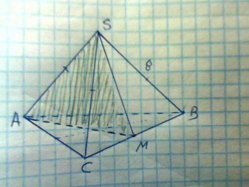 Втреугольной пирамиде sabc все ребра равны 8 см.построить сечение пирамиды плоскостью,проходящей чер