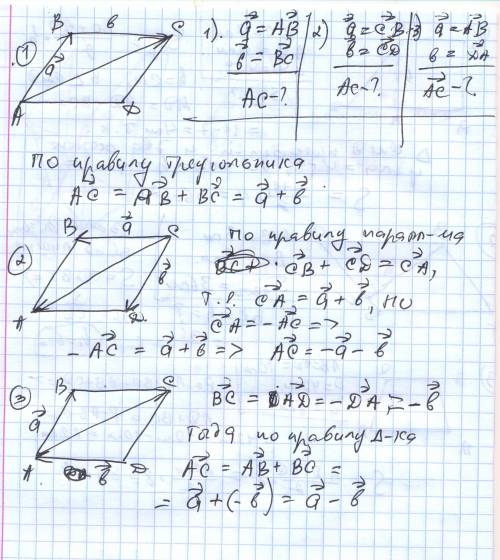 Дан параллелограмм abcd. выразите вектор ac через векторы a и b, если: a) a= ab, b= bc; б) a=cb, b=