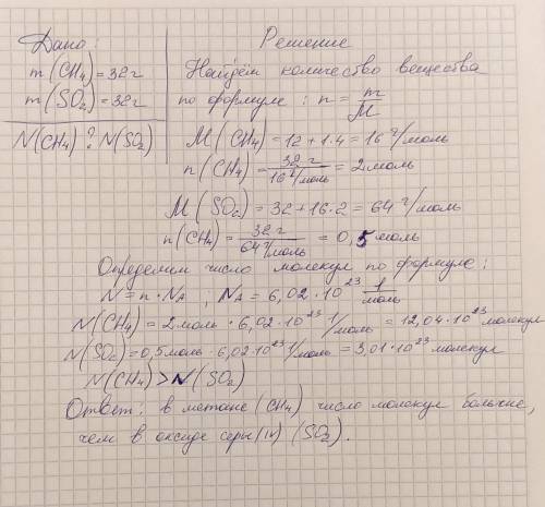 Одинаковое ли число молекул составляют 32г метана ch4 и 32г оксида серы (iv)? и как это все записать