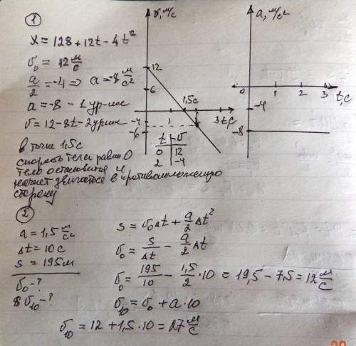1.уравнение движения тела имеет вид x = 128 + 12t - 4t^2. построить графики скорости и ускорения тел