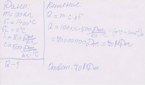 Какое количество теплоты выделится при кристаллизации и последующем охлаждении 100 кг стали, если на