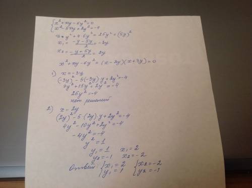 Решить систему уравнений. x^2+xy-6y^2=0 x^2-5xy+2y^2=-4