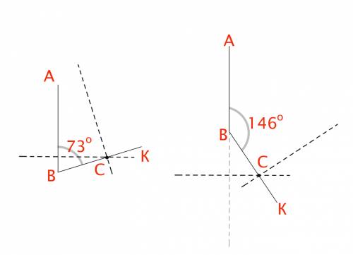 (7класс ) начертите угол abk, равный: 1) 73г 2) 146г. отметьте на луче bk точку c и проведите через