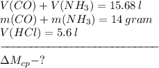 V(CO)+V(NH_{3})=15.68\:l\\m(CO)+m(NH_{3})=14\:gram\\V(HCl)=5.6\:l\\-\!\!\!-\!\!\!-\!\!\!-\!\!\!-\!\!\!-\!\!\!-\!\!\!-\!\!\!-\!\!\!-\!\!\!-\!\!\!-\!\!\!-\!\!\!-\!\!\!-\!\!\!-\!\!\!-\!\!\!-\!\!\!-\!\!\!-\!\!\!-\!\!\!-\!\!\!-\!\!\!-\!\!\!-\!\!\!-\!\!\!-\\\Delta M_{cp}-?