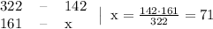\begin{tabular}{rcl} 322 & -- & 142 \\ 161 & -- & x \end{tabular} \left| \;\; \mathrm{x = \frac{142 \cdot 161}{322} = 71} \right.