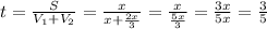 t= \frac{S}{V_1+V_2} = \frac{x}{x+\frac{2x}{3}} = \frac{x}{\frac{5x}{3}} = \frac{3x}{5x} = \frac{3}{5}