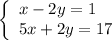 \left\{\begin{array}{l} x-2y=1 \\ 5x+2y=17 \end{array}