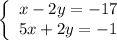 \left\{\begin{array}{l} x-2y=-17 \\ 5x+2y=-1 \end{array}