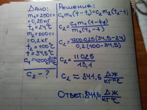 Вкалориметр, содержащий воду массой 250 г при температуре 24°с, опустили твёрдое тело массой 200 г п