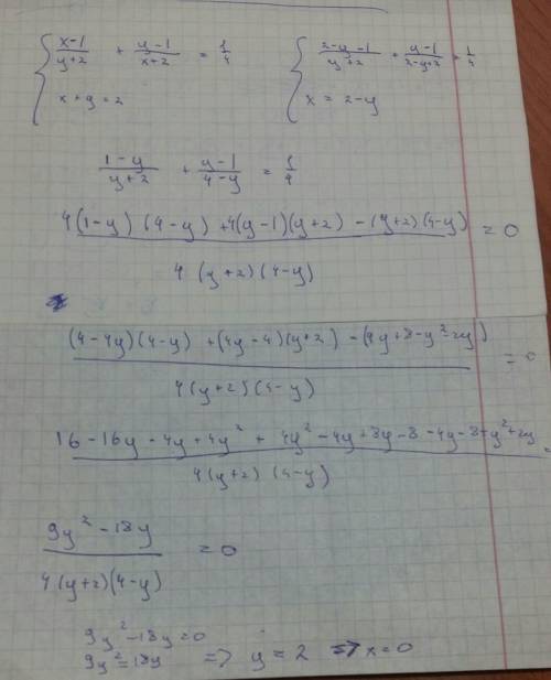 Решите систему уравнения x-1/y+2+y-1/x+2=1/4 x+y=2