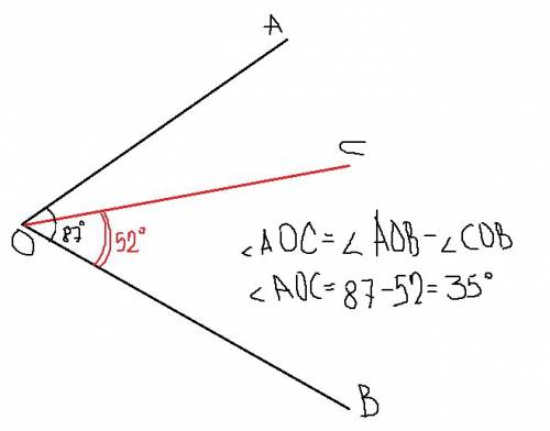 Угол aob равен 87°.внутри данного угла проведен лучше ос.найдите градусную меру угла aoc,если угол в