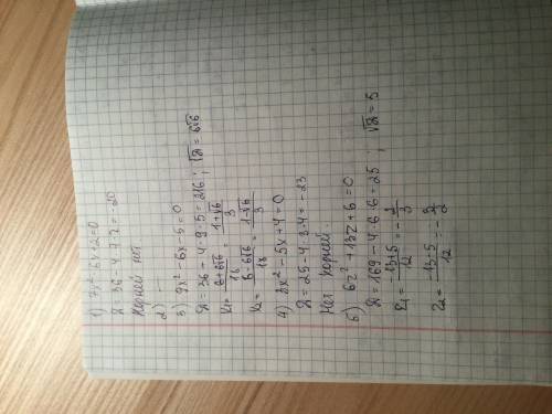 Решите уравнение 1)7x^2-6x+2=0 2)5x^2-8x 3)9x^2-6x-5=0 4)3x^2-5x+4=0 5)6z^2+13z+6=0