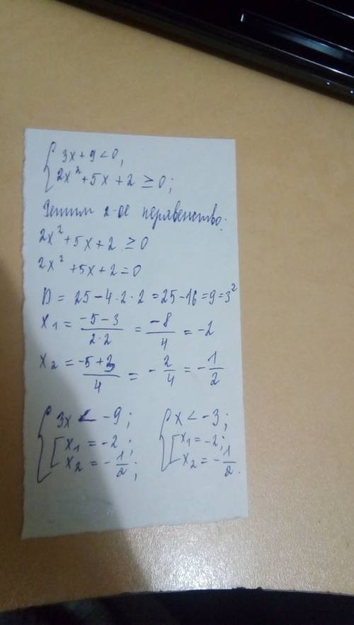 Решите систему неравенств 3x+9< 0 2x^2+5x+2≥0