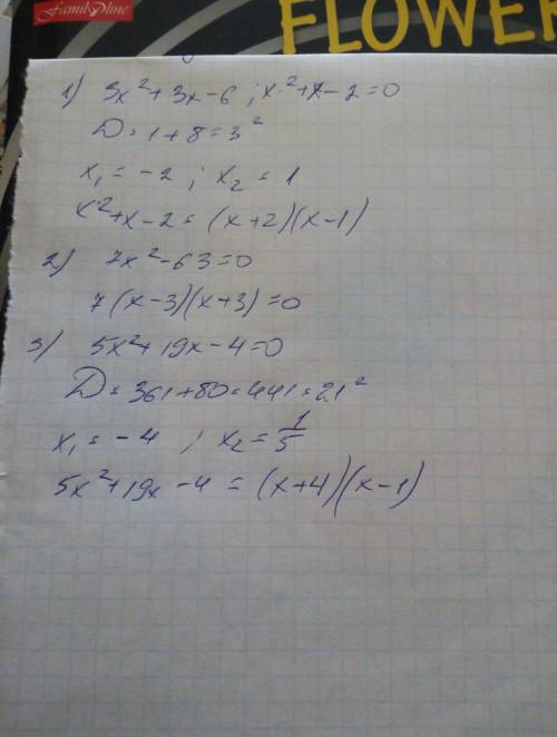 Разложите на множители квадратный трёхчлен: 1)3x^2+3x-6; 2)7x^2-63; 3)5x^2+19x-4