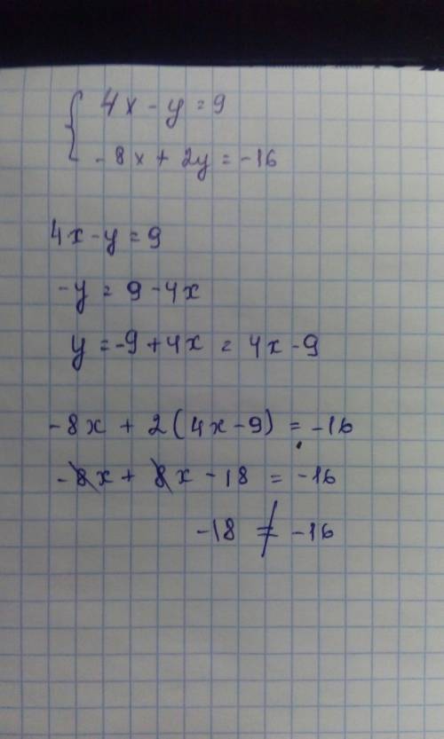 Нужно 1)сколько решений имеет система уравнений {4х-у=9 {-8х+2у=-16 а)1; б)2; в)бесчисленное количес