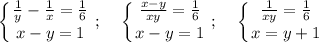 \displaystyle \left \{ {{\frac{1}{y}-\frac{1}{x}=\frac{1}{6} } \atop {x-y=1}} \right. ; \;\;\;\;\left \{ {{\frac{x-y}{xy}=\frac{1}{6} } \atop {x-y=1}} \right. ; \;\;\;\; \left \{ {{\frac{1}{xy}=\frac{1}{6} } \atop {x=y+1}} \right.